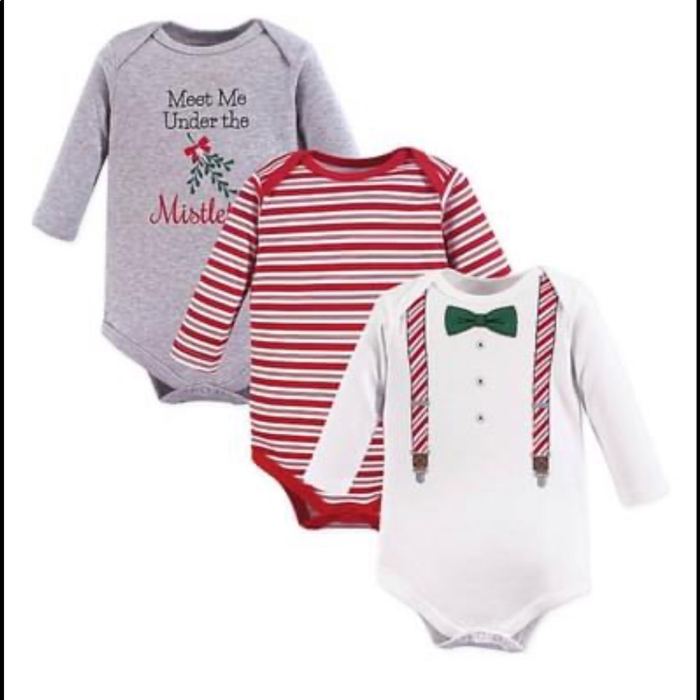 0-3M 3-Pack Christmas Long Sleeve Bodysuits in Red